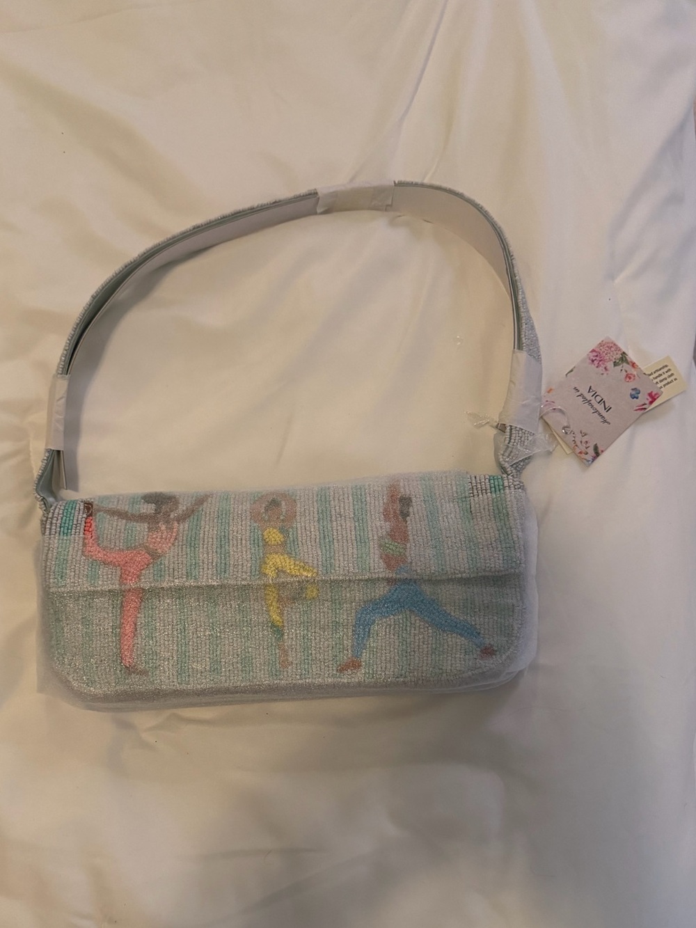 Beaded Yoga Pose Shoulder Bag - White with Mint Stripes - Picture 4 of 7